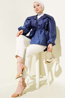 Bel Lastikli Balon Kol Jakar Ceket Lacivert - Thumbnail