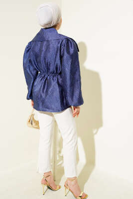 Bel Lastikli Balon Kol Jakar Ceket Lacivert - Thumbnail