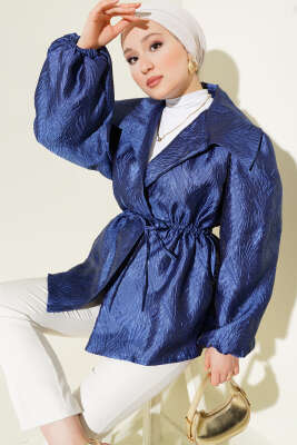 Bel Lastikli Balon Kol Jakar Ceket Lacivert - Thumbnail