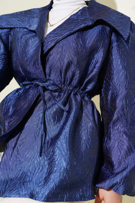 Bel Lastikli Balon Kol Jakar Ceket Lacivert - Thumbnail