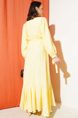 Bilek Bağlamalı Kuşaklı Gofre Elbise Sarı - Thumbnail