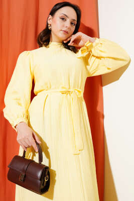 Bilek Bağlamalı Kuşaklı Gofre Elbise Sarı - Thumbnail