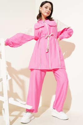 Pazarium - Göğüs Cep Kapaklı Garnili İkili Takım Pembe