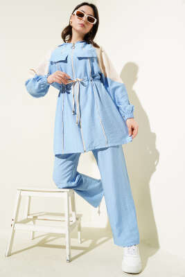 Pazarium - Göğüs Cep Kapaklı Garnili İkili Takım Mavi