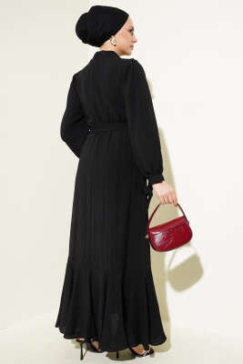 Bilek Bağlamalı Kuşaklı Gofre Elbise Siyah - Thumbnail