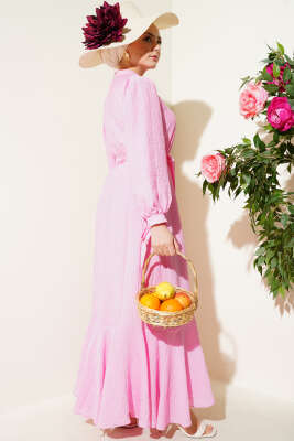 Bilek Bağlamalı Kuşaklı Gofre Elbise Pembe - Thumbnail