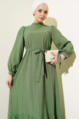 Bilek Bağlamalı Kuşaklı Gofre Elbise Haki - Thumbnail