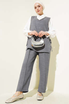 Pazarium - Taş Süslemeli Yan Bağlamalı Üçlü Takım Füme