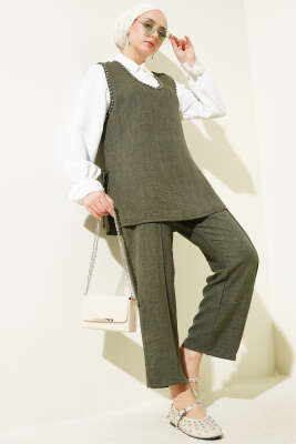 Pazarium - Taş Süslemeli Yan Bağlamalı Üçlü Takım Haki