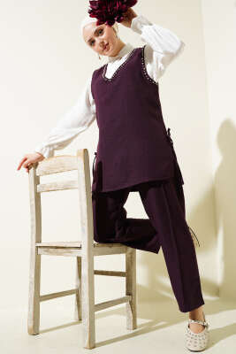 Pazarium - Taş Süslemeli Yan Bağlamalı Üçlü Takım Mürdüm