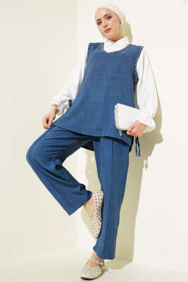 Pazarium - Taş Süslemeli Yan Bağlamalı Üçlü Takım Mavi