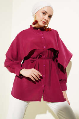 Pazarium - İp Kuşaklı Omuz Pelerinli Tencel Gömlek Bordo