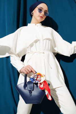 Pazarium - İp Kuşaklı Omuz Pelerinli Tencel Gömlek Beyaz