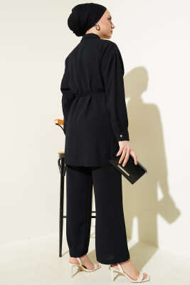 Pelerin Taşlı İp Kuşaklı İkili Takım Siyah - Thumbnail