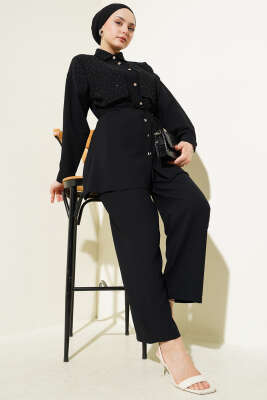 Pelerin Taşlı İp Kuşaklı İkili Takım Siyah - Thumbnail