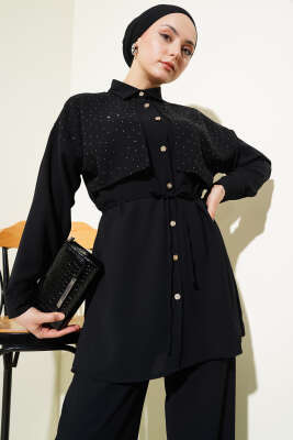 Pelerin Taşlı İp Kuşaklı İkili Takım Siyah - Thumbnail