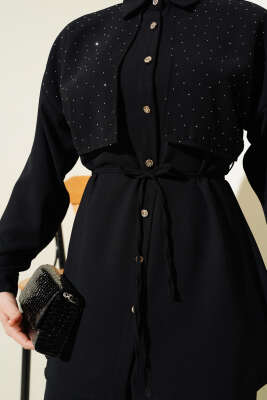 Pelerin Taşlı İp Kuşaklı İkili Takım Siyah - Thumbnail