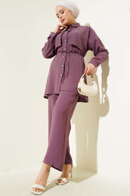 Pazarium - Pelerin Taşlı İp Kuşaklı İkili Takım Magenta