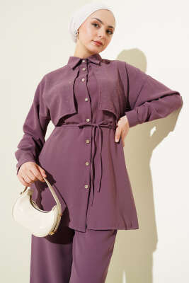 Pelerin Taşlı İp Kuşaklı İkili Takım Magenta - Thumbnail