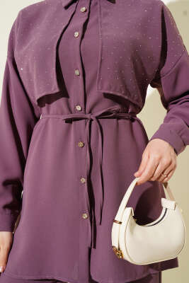 Pelerin Taşlı İp Kuşaklı İkili Takım Magenta - Thumbnail