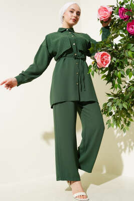 Pazarium - Pelerin Taşlı İp Kuşaklı İkili Takım Haki