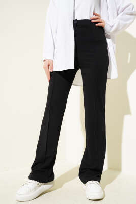 Tek Düğmeli Çımalı Pantolon Siyah - Thumbnail