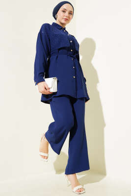 Pazarium - Pelerin Taşlı İp Kuşaklı İkili Takım Lacivert