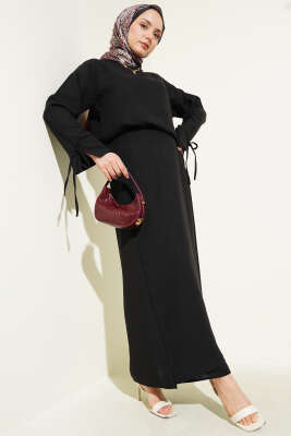 Pazarium - İp Bağlamalı Etekli Keten İkili Takım Siyah