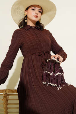 Bel Tünelli Yarım Gizli Düğmeli Elbise Kahve - Thumbnail