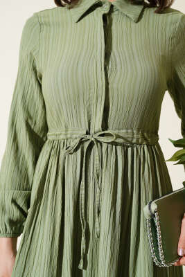Bel Tünelli Yarım Gizli Düğmeli Elbise Çağla Yeşili - Thumbnail