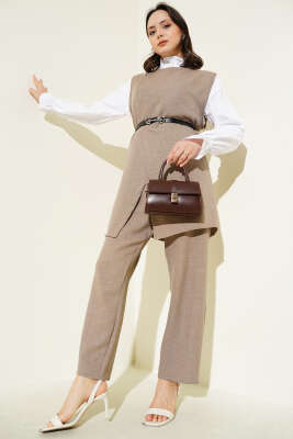 Pazarium - Düğme Detaylı Kemerli Üçlü Takım Vizon