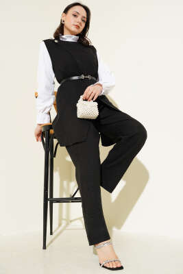 Pazarium - Düğme Detaylı Kemerli Üçlü Takım Siyah