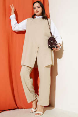 Pazarium - Düğme Detaylı Kemerli Üçlü Takım Bej
