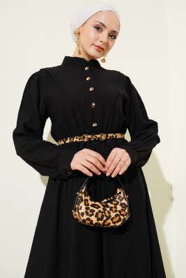 V Parçalı Bel Lastikli Elbise Siyah - Thumbnail