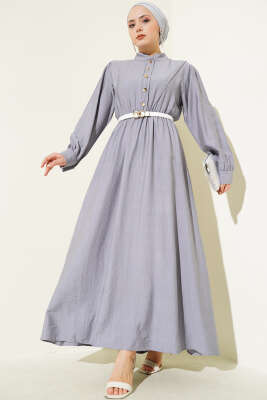 Pazarium - V Parçalı Bel Lastikli Elbise Gri