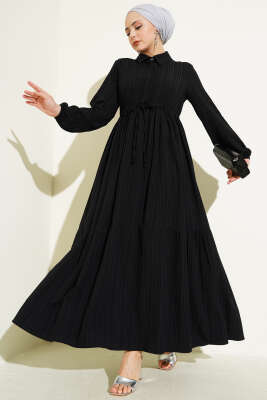 Pazarium - Bel Tünelli Yarım Gizli Düğmeli Elbise Siyah