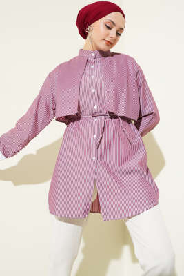 Pazarium - Çizgili Pelerinli Gömlek Bordo