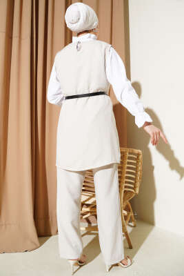 Düğme Detaylı Kemerli Üçlü Takım Taş - Thumbnail