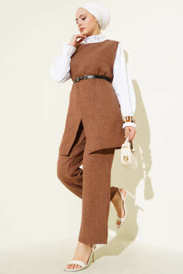 Pazarium - Düğme Detaylı Kemerli Üçlü Takım Kahve