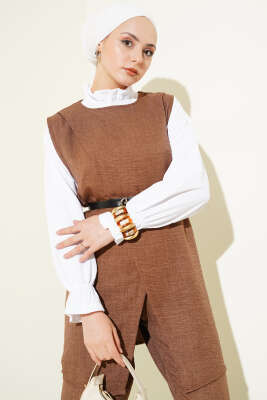 Düğme Detaylı Kemerli Üçlü Takım Kahve - Thumbnail