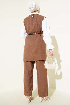 Düğme Detaylı Kemerli Üçlü Takım Kahve - Thumbnail