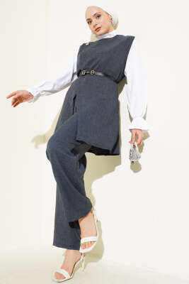 Pazarium - Düğme Detaylı Kemerli Üçlü Takım İndigo