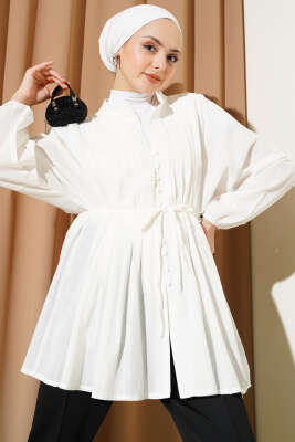 Pazarium - Önü Pile Detaylı Pamuk Vual Gömlek Ekru