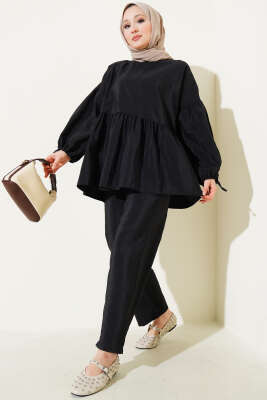 Pazarium - Balon Kol Fırfırlı Paraşüt İkili Takım Siyah