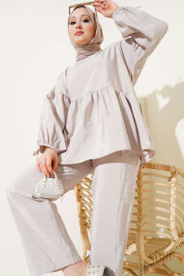 Pazarium - Balon Kol Fırfırlı Paraşüt İkili Takım Bej