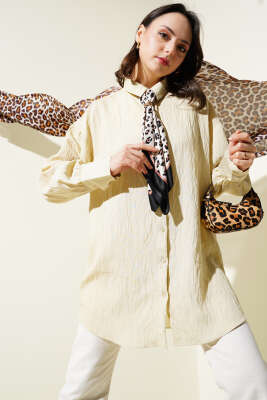 Pazarium - Kırışık Çizgili Basic Gömlek Bej