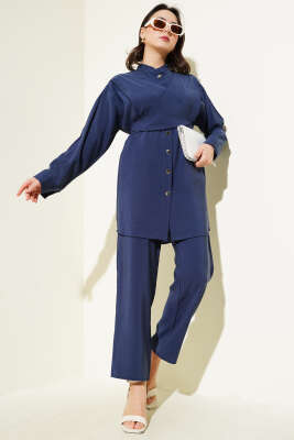 Pazarium - Omuzdan Bağlamalı Tencel İkili Takım Lacivert