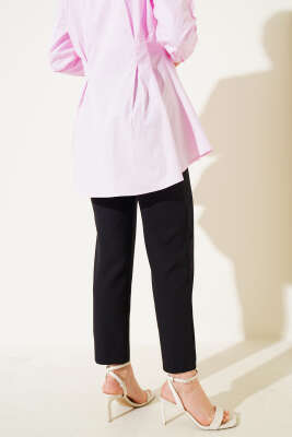 Kemerli Pileli Dar Paça Pantolon Siyah - Thumbnail