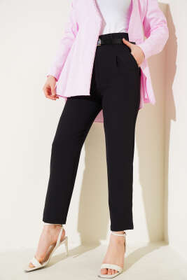 Kemerli Pileli Dar Paça Pantolon Siyah - Thumbnail