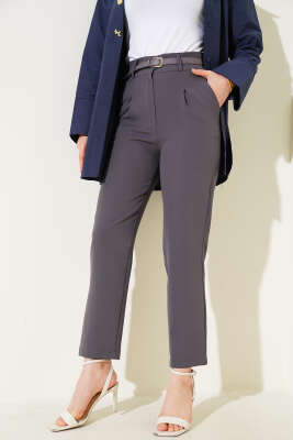 Kemerli Pileli Dar Paça Pantolon Füme - Thumbnail